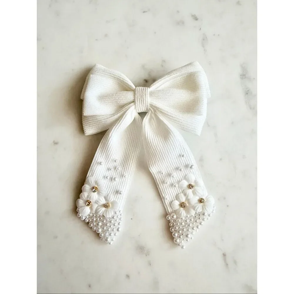 White Pearl Floral Ribbon Hair Bow Clip | Romantic Bridal Coquette